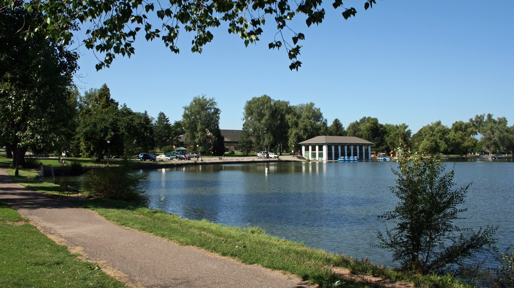 Smith Lake and the 1913 boathouse in Washington Park, Denver